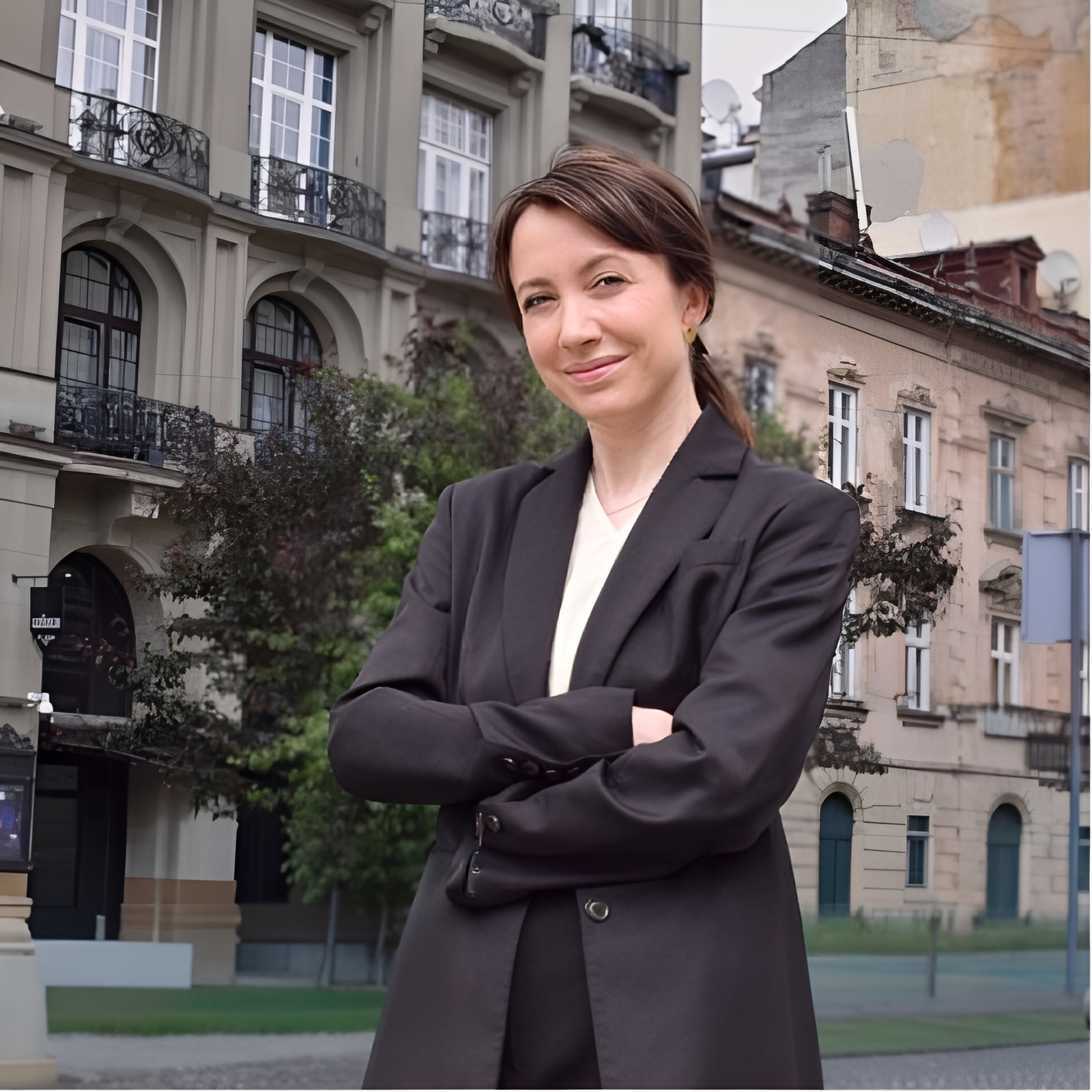 Portrait of a man with brown hair and glasses on a flat gray background.
